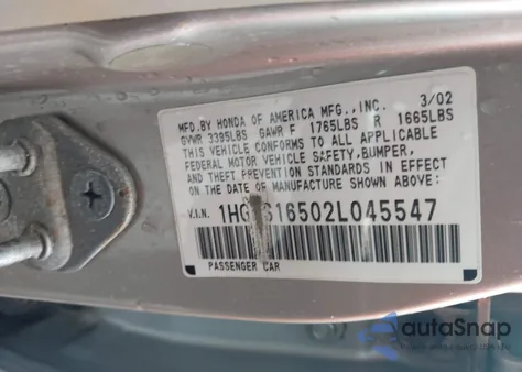 2002 Honda Civic Lx из США, поврежденный, VIN 1HGES16502L045547